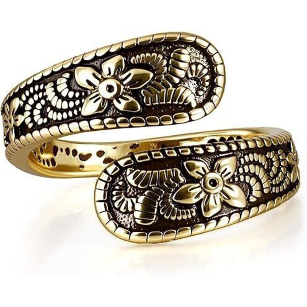 Vintage 14K Gold Plated Spoon Ring – Adjustable Ring With Carving Design For